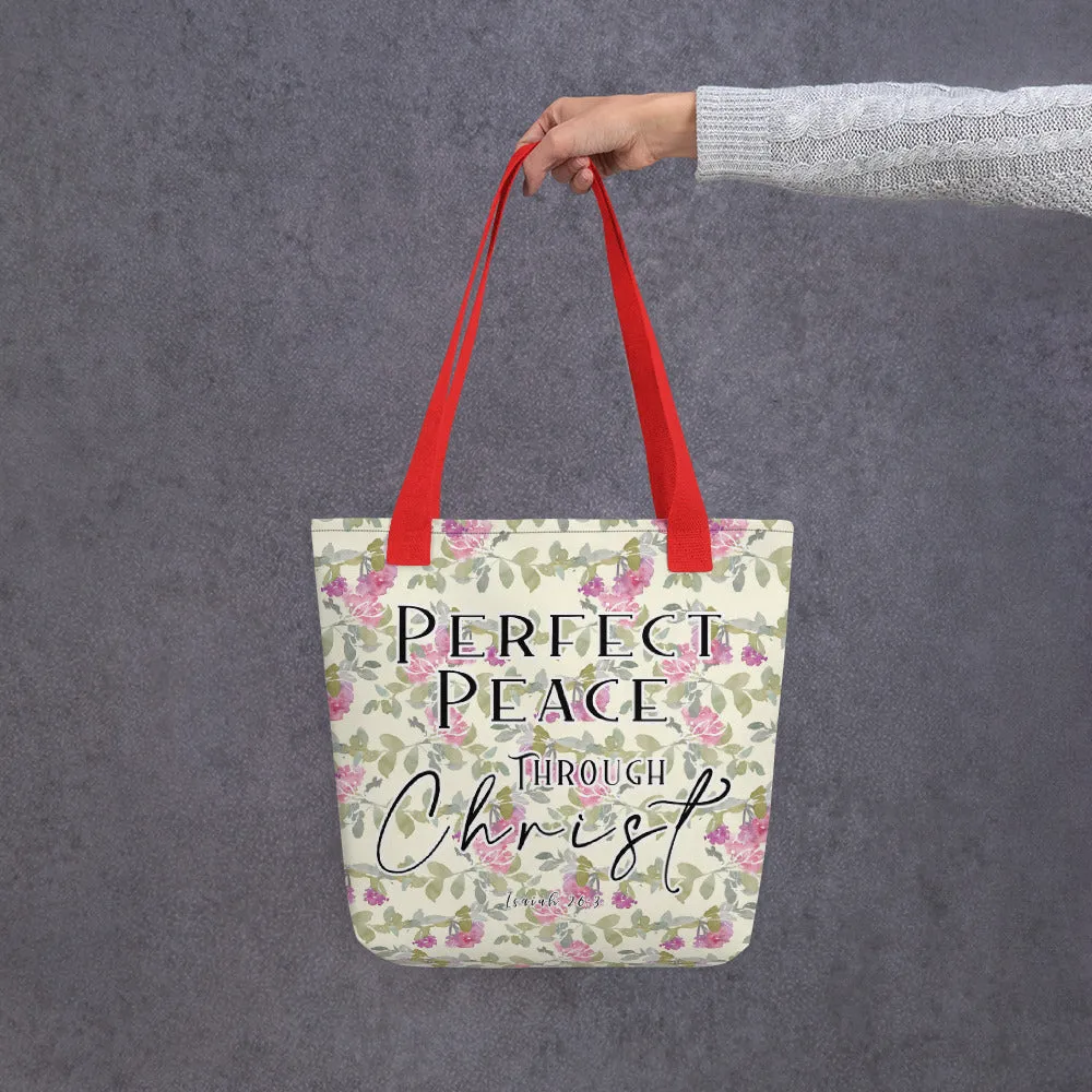 Limited Edition Premium Tote Bag - Perfect Peace Through Christ (Design: Red Floral)