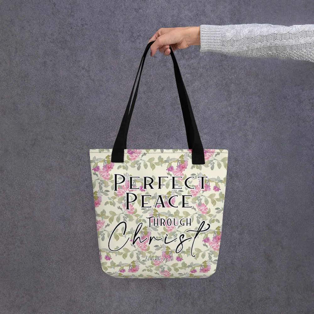 Limited Edition Premium Tote Bag - Perfect Peace Through Christ (Design: Red Floral)