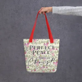 Limited Edition Premium Tote Bag - Perfect Peace Through Christ (Design: Red Floral)