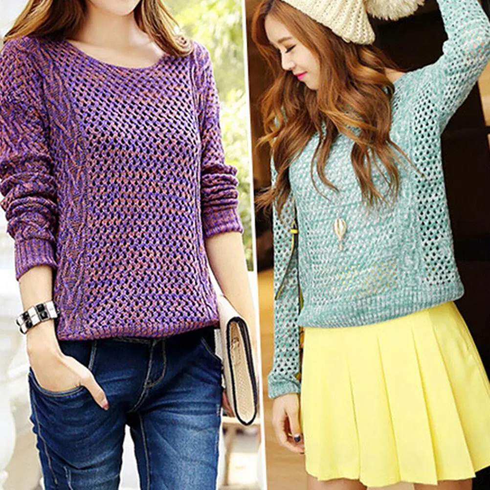 Lovely Sweet Sweaters Tops Women Long Sleeve O-Neck Thin Knitted Pullovers Sweaters Women Purple Green Free Size SM6