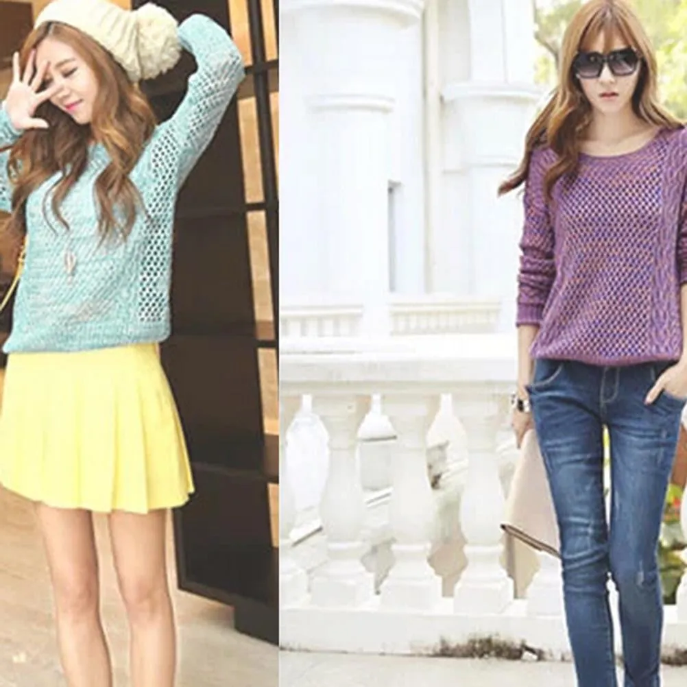 Lovely Sweet Sweaters Tops Women Long Sleeve O-Neck Thin Knitted Pullovers Sweaters Women Purple Green Free Size SM6