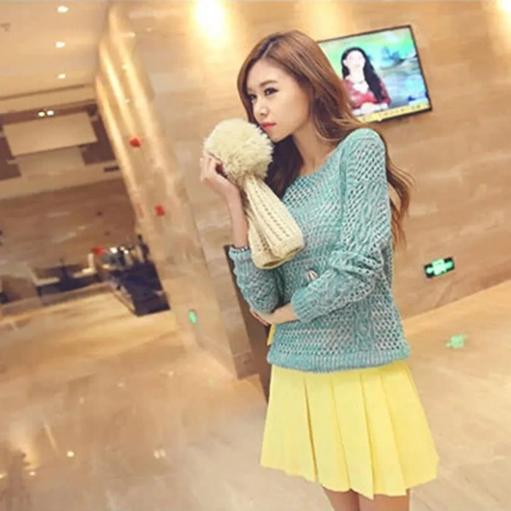 Lovely Sweet Sweaters Tops Women Long Sleeve O-Neck Thin Knitted Pullovers Sweaters Women Purple Green Free Size SM6