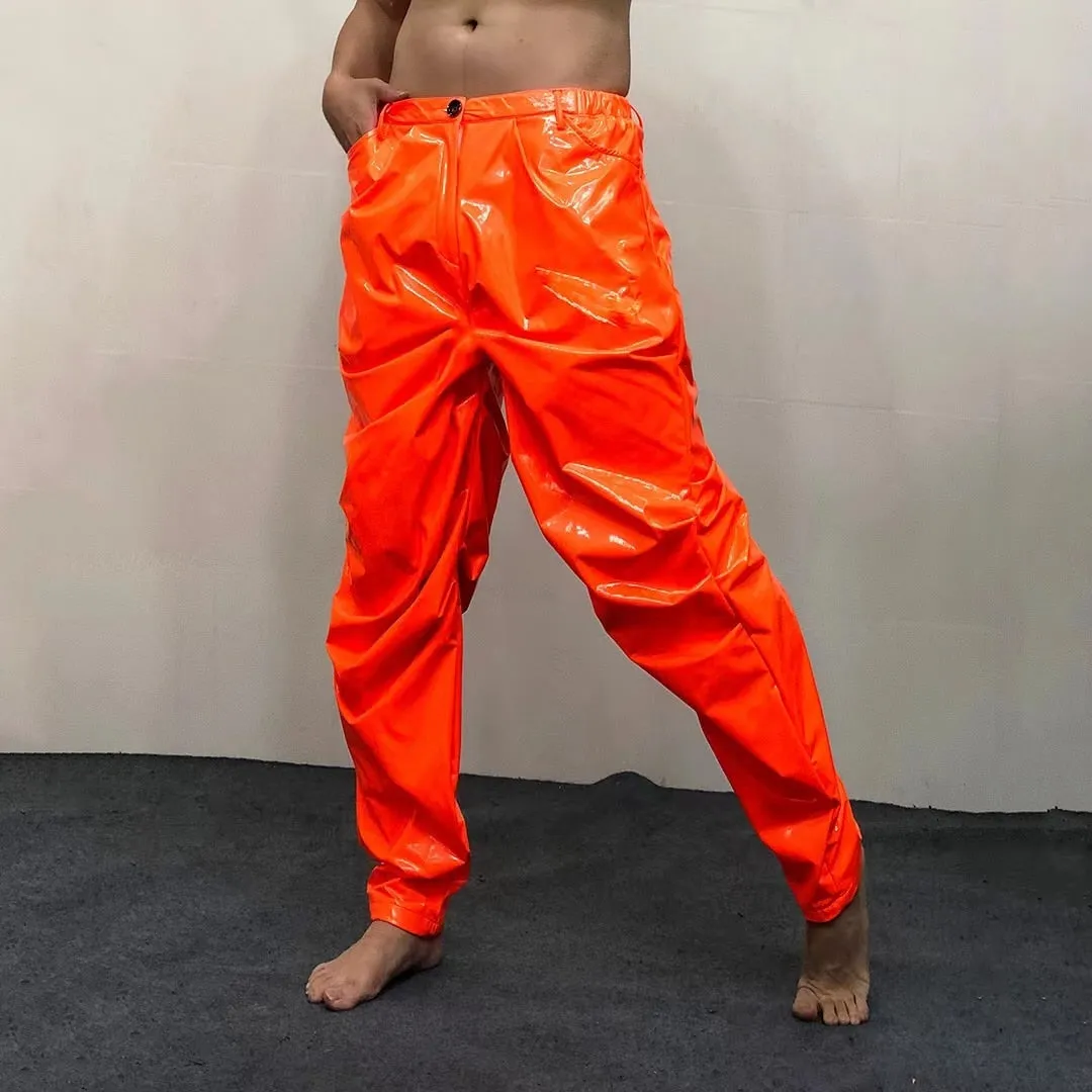 Men's Orange Sexy Loose Pleated Bright Elastic Waist Casual Pants