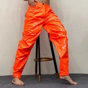 Men's Orange Sexy Loose Pleated Bright Elastic Waist Casual Pants