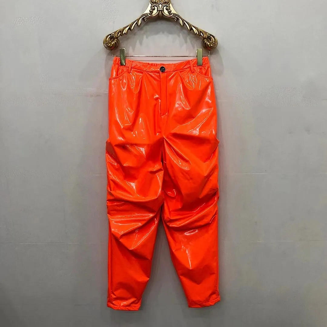 Men's Orange Sexy Loose Pleated Bright Elastic Waist Casual Pants