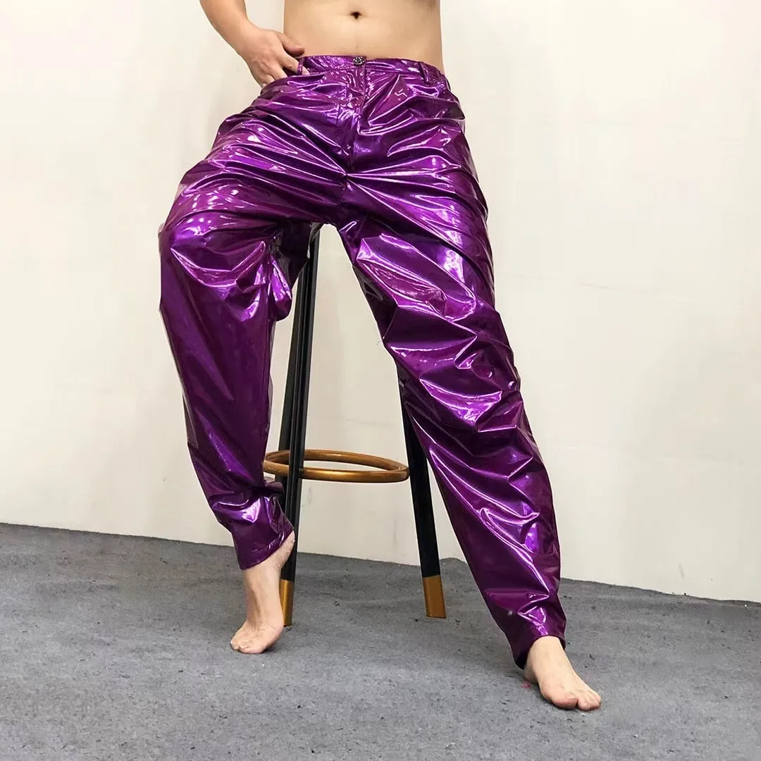 Men's Sexy Purple Loose Pleated Shinny Bright Elastic Waist Casual Pants