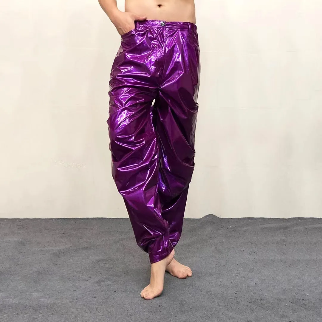 Men's Sexy Purple Loose Pleated Shinny Bright Elastic Waist Casual Pants