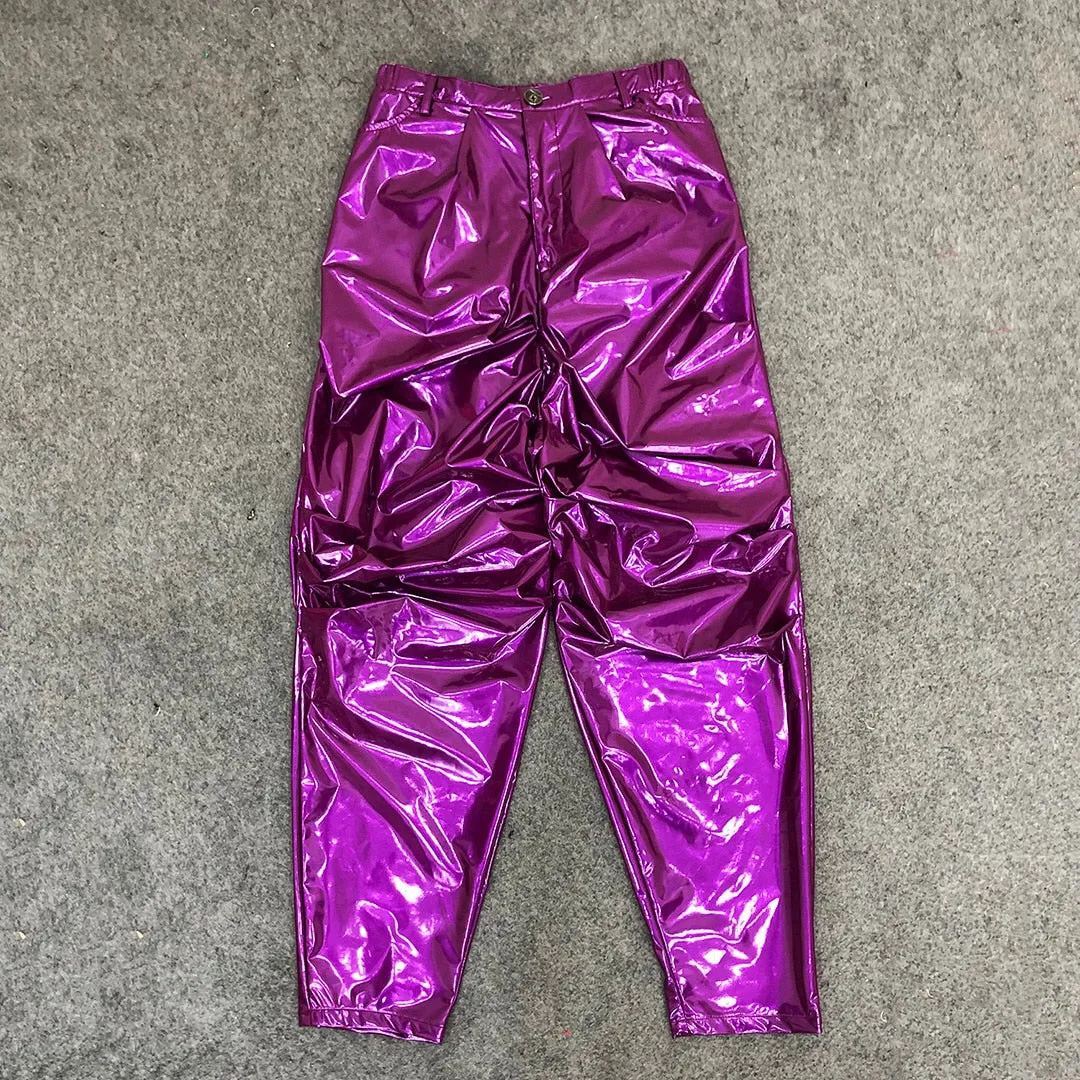 Men's Sexy Purple Loose Pleated Shinny Bright Elastic Waist Casual Pants