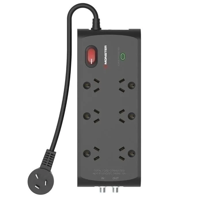 Monster 6 Socket Surge Protection Powerboard with F-Type Connectors