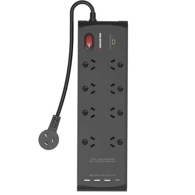 Monster 8 Socket Surge Protector Powerboard with USB-C & USB-A Ports