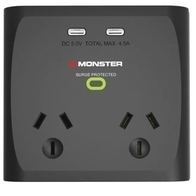 Monster Dual Socket Surge Protector with Dual USB-C Ports Black