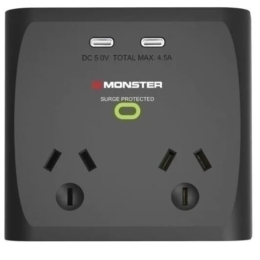 Monster Dual Socket Surge Protector with Dual USB-C Ports Black