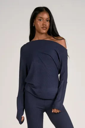 Navy Off the Shoulder Top & Split Hem Pant