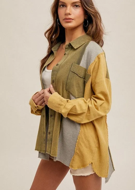 Olive & Mustard Washed Mixed Media Top