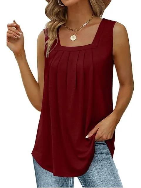 Pleated Square Neck Tank Top in Wine Red