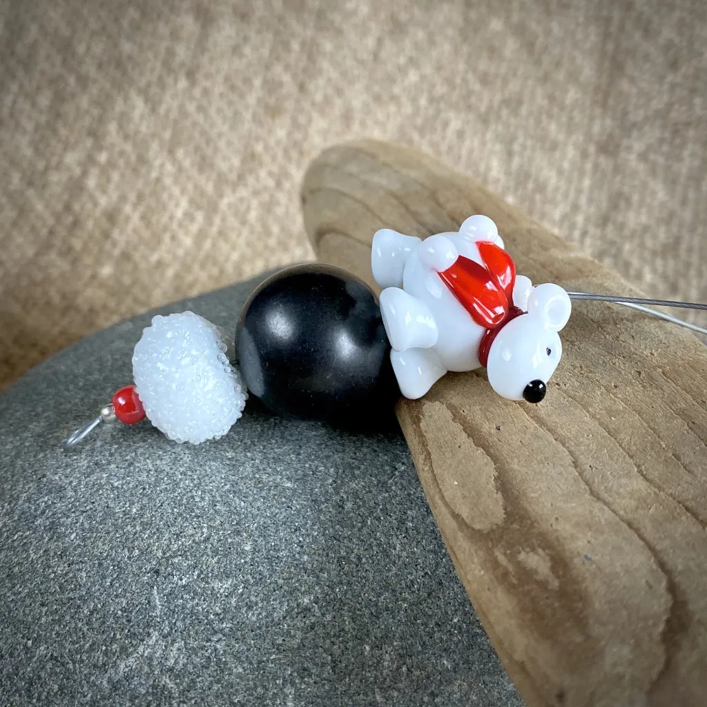 Polar Bear Christmas Ornament w/Shungite, Bright Red Scarf, on Iceberg