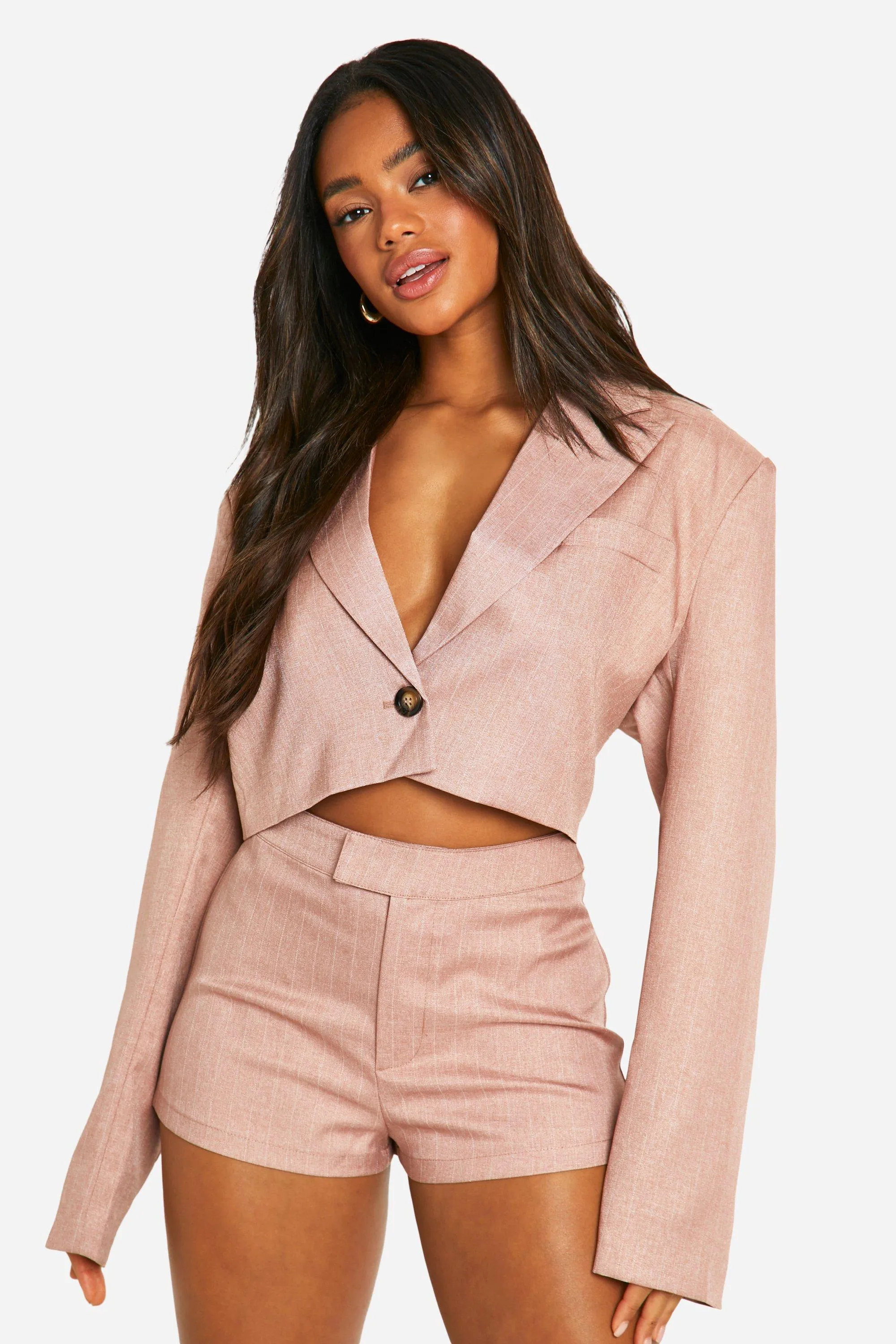 Premium Pinstripe Marl Cropped Boxy Tailored Blazer