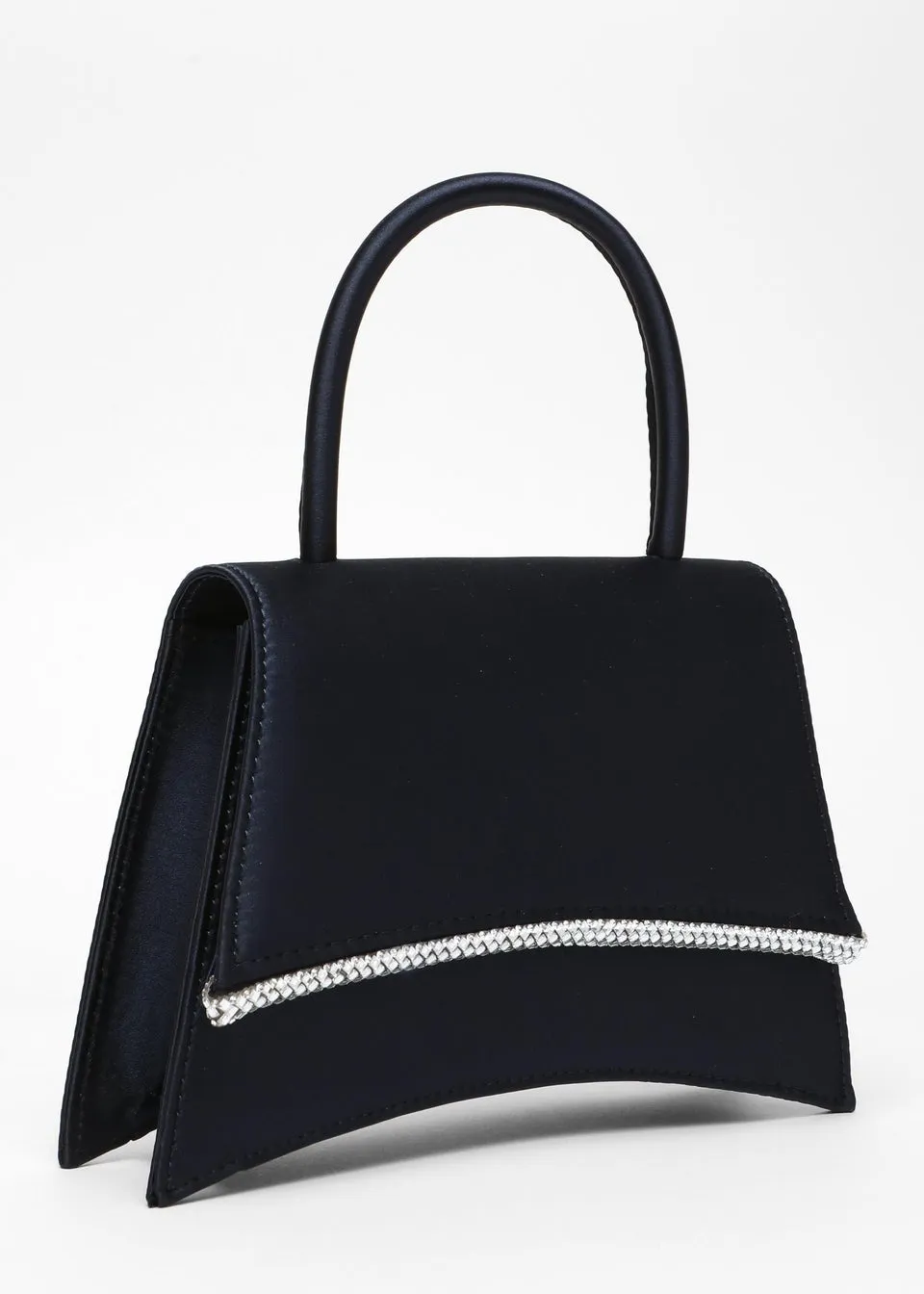 Quiz Navy Satin Diamante Trim Mini Tote Bag