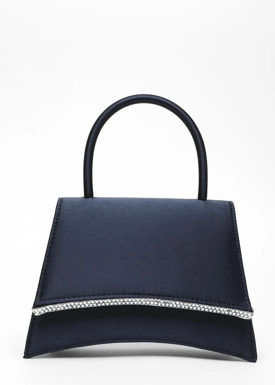 Quiz Navy Satin Diamante Trim Mini Tote Bag