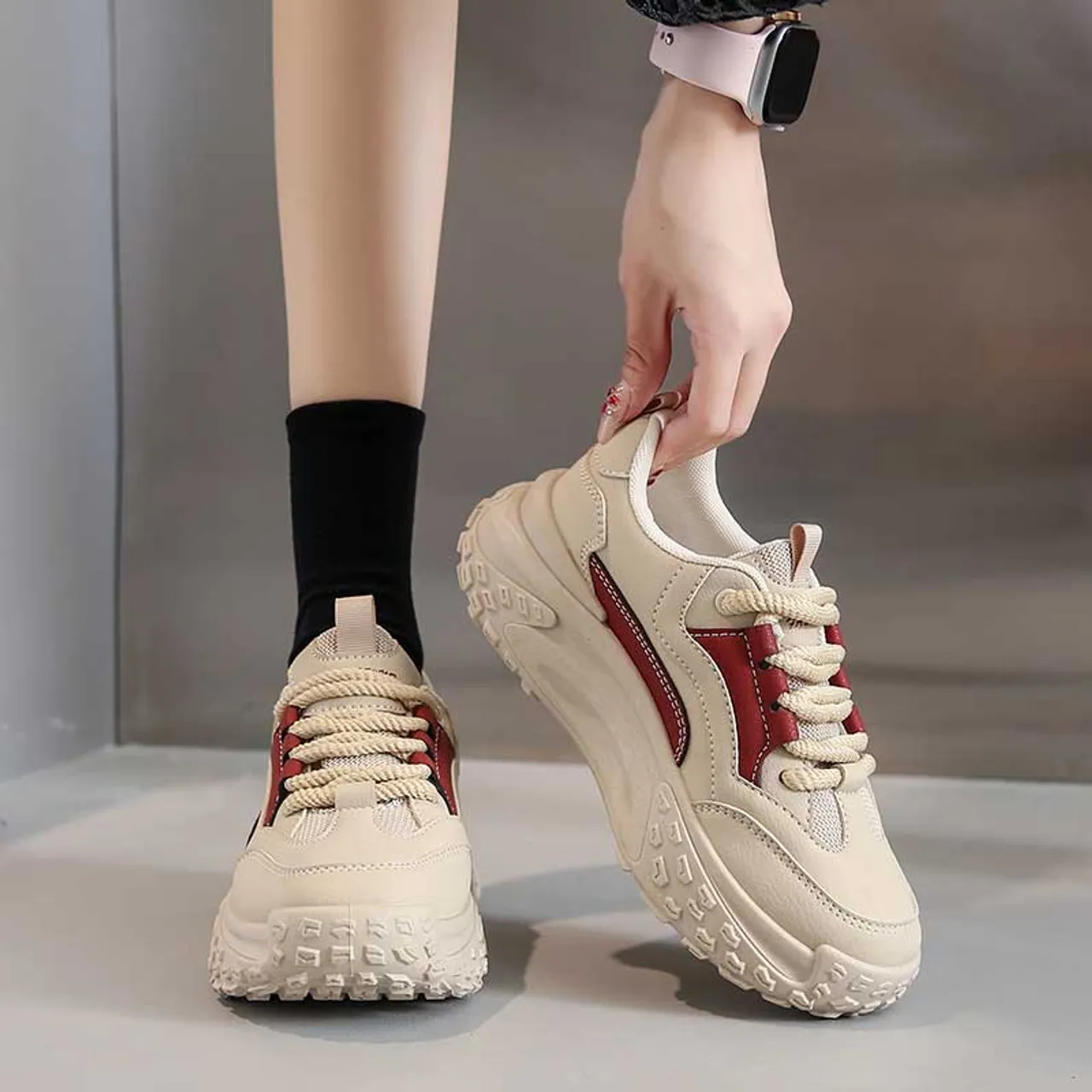 Red casual thread accents shoe sneaker