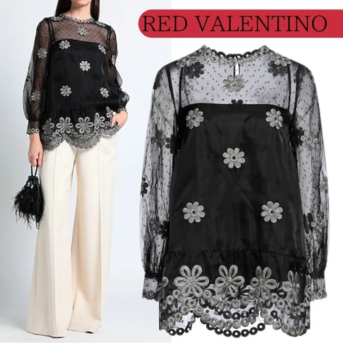 RED VALENTINO  |Flower Patterns Casual Style Silk Long Sleeves Plain