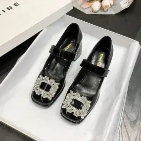 Rhinestone Block Heel Mary Jane Shoes cc28