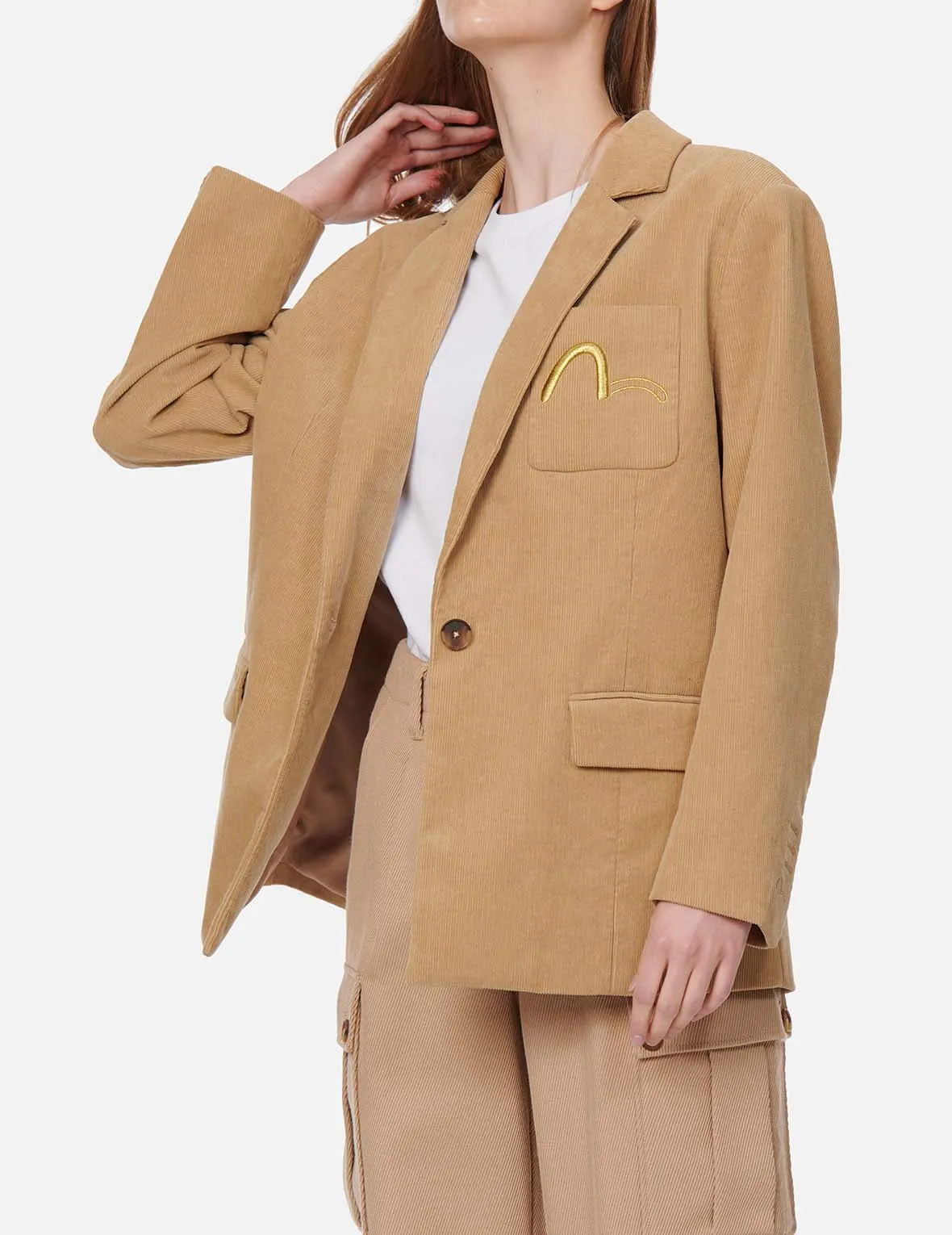 Seagull Embroidered Corduroy Oversize Blazer