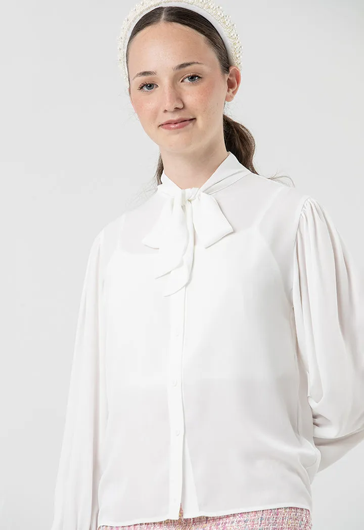 Self-Tie Ribbon Collared Solid Blouse