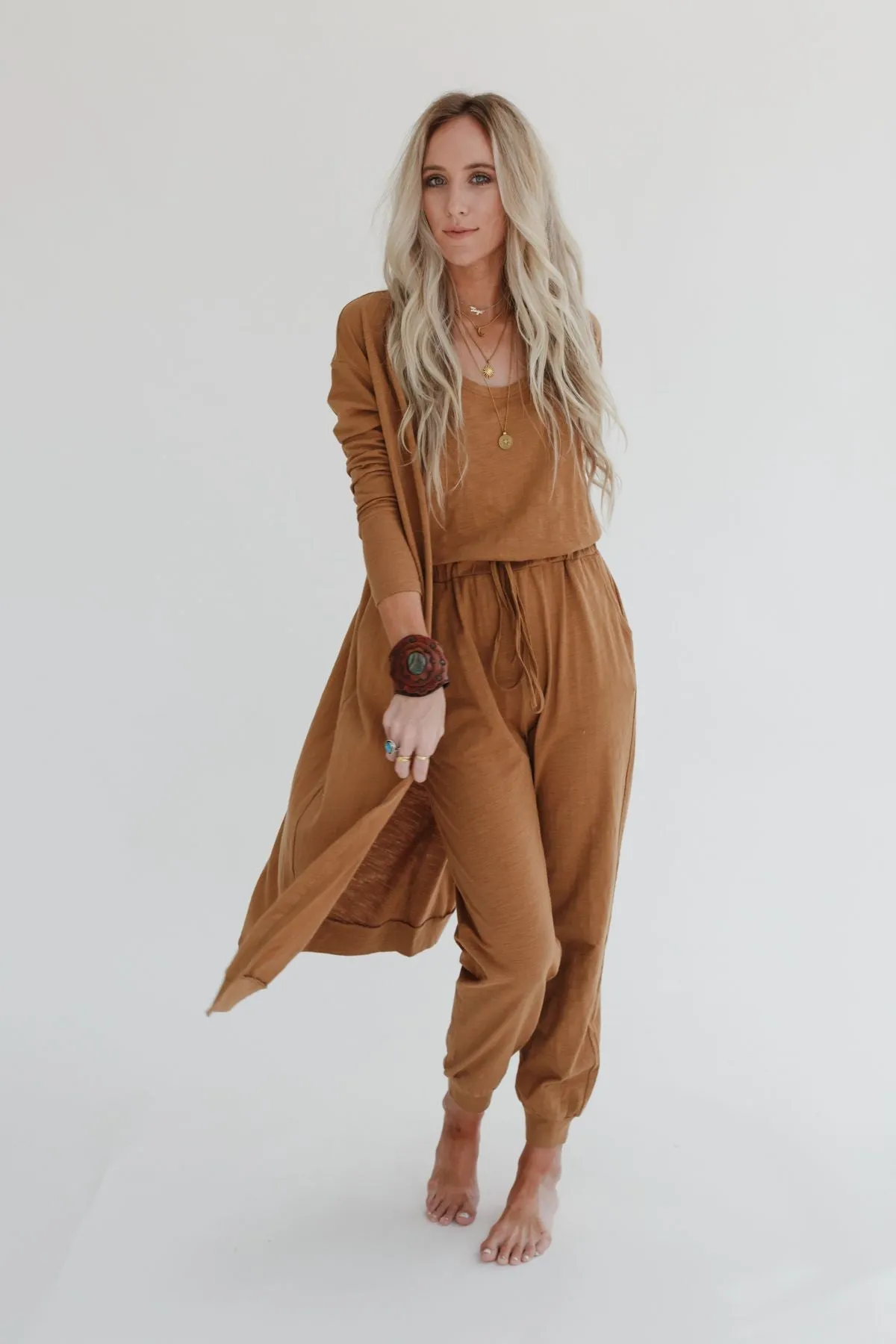 Set to Go Textured Jumpsuit And Cardigan Set - Camel