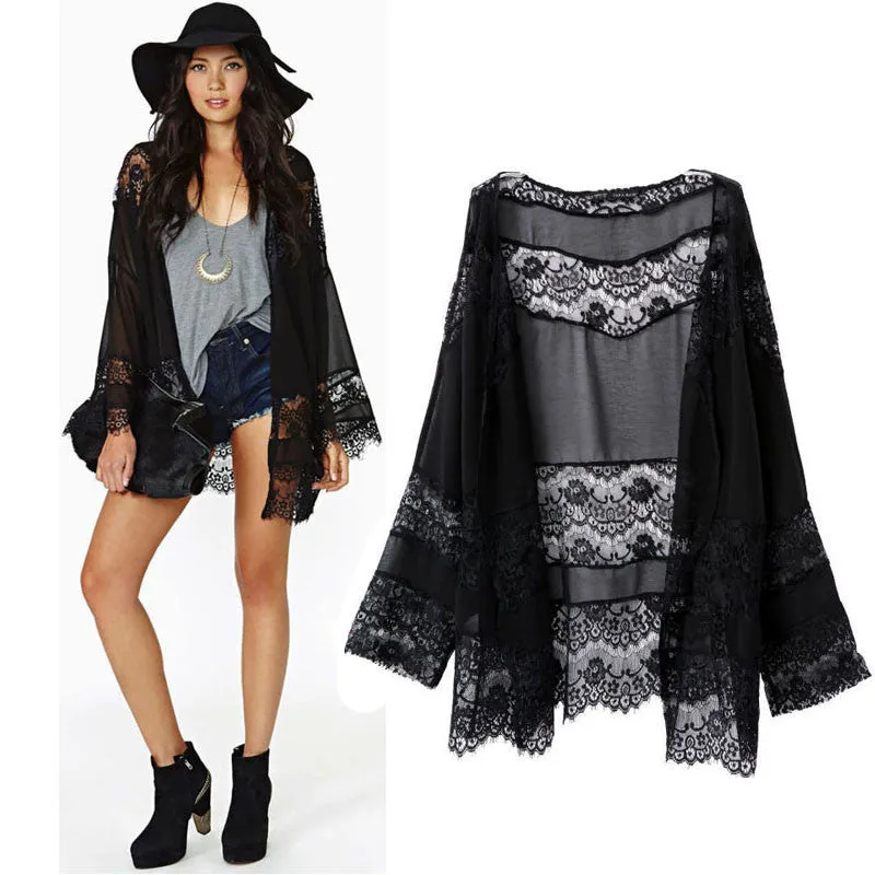 Sexy Women Jacket Coat Lace Splicing Hollow Chiffon Kimono Cardigan Blouse Coat Full Sleeve Tops