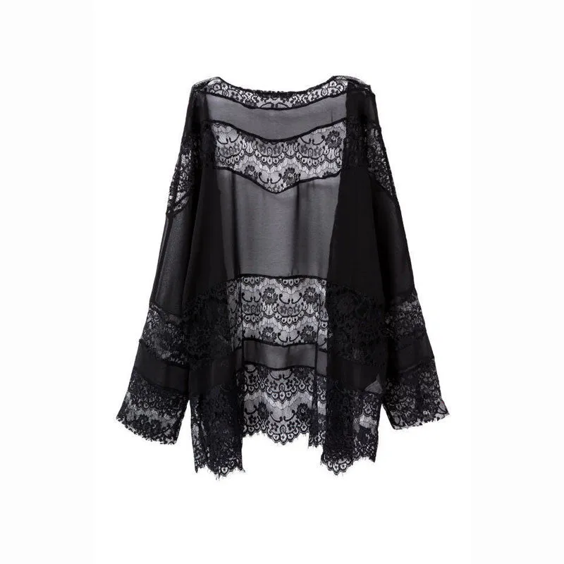 Sexy Women Jacket Coat Lace Splicing Hollow Chiffon Kimono Cardigan Blouse Coat Full Sleeve Tops