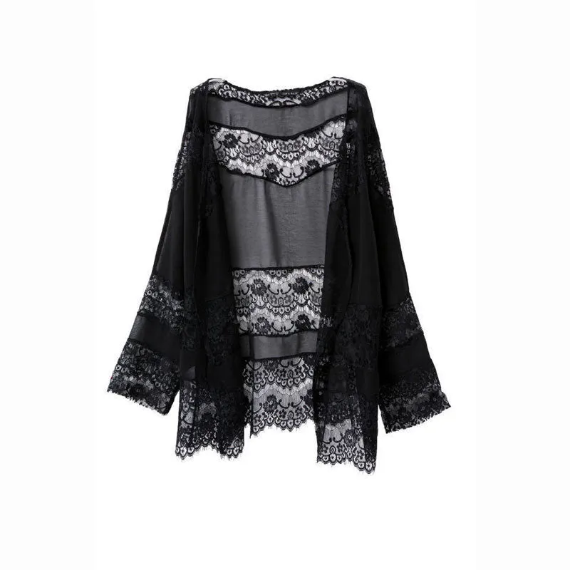 Sexy Women Jacket Coat Lace Splicing Hollow Chiffon Kimono Cardigan Blouse Coat Full Sleeve Tops