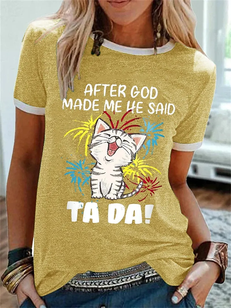 Trendy Cat Print Women's T-shirt with Short Sleeves