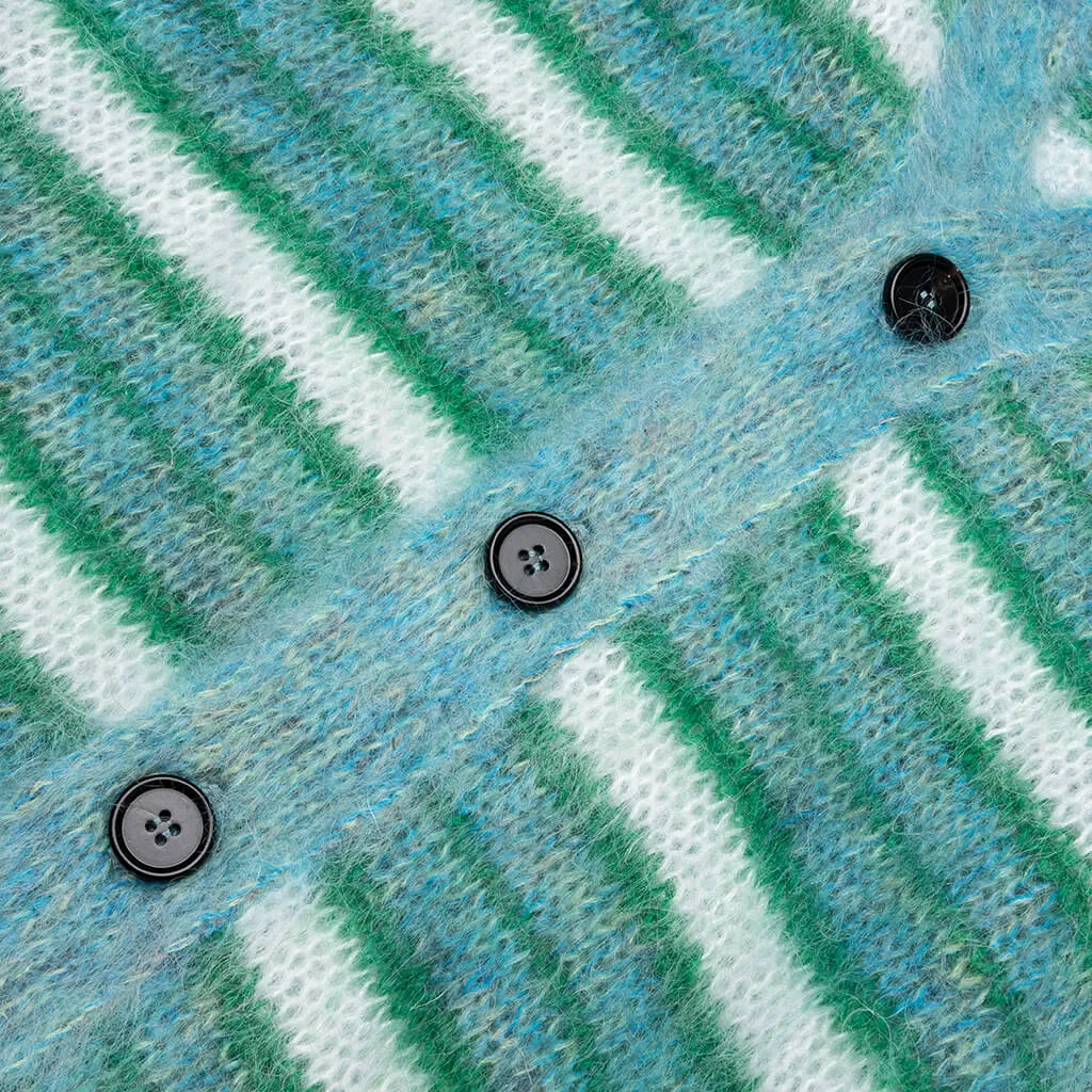 V-Neck Mohair Stripe Cardigan - Turquoise