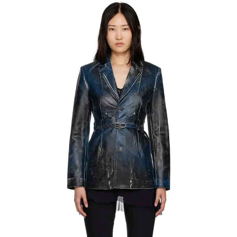 Women's Blue Distressed Leather Blazer