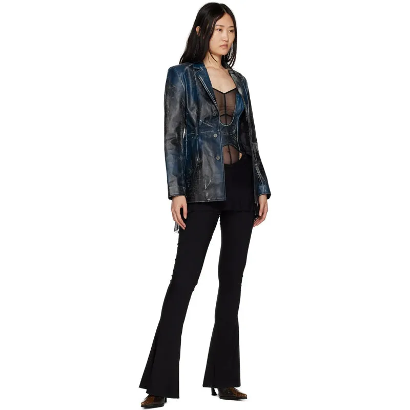 Women's Blue Distressed Leather Blazer