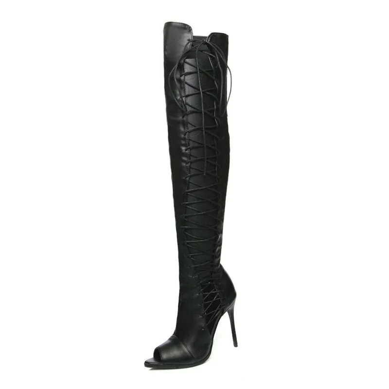 Women's Sexy Black Over-The-Knee Open Toe Thin High Heel Long Boots