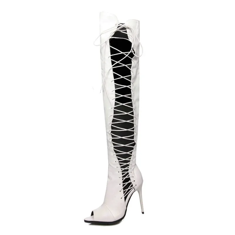 Women's Sexy Black Over-The-Knee Open Toe Thin High Heel Long Boots