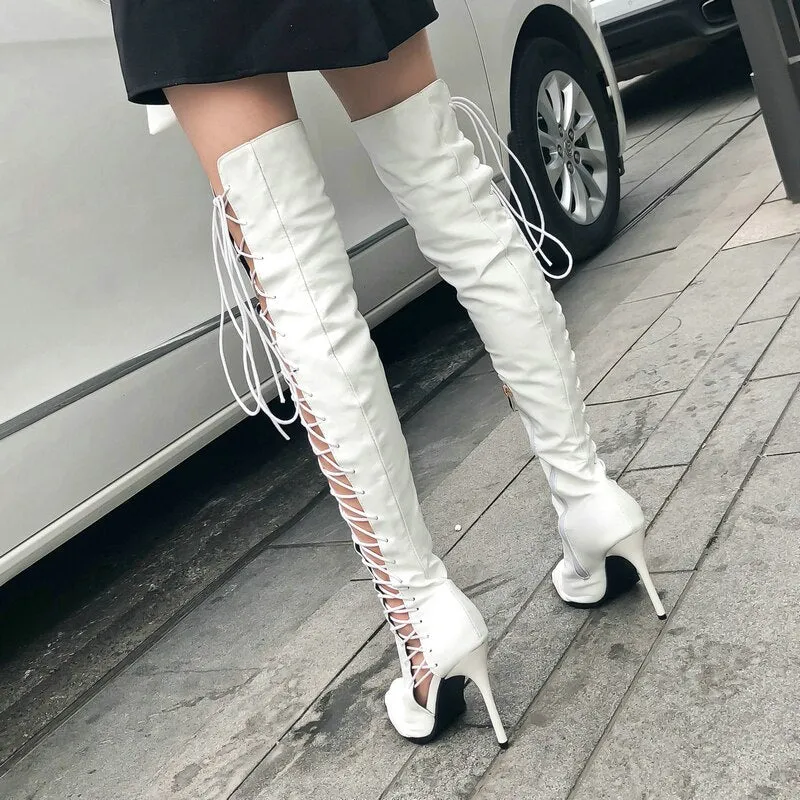 Women's Sexy Black Over-The-Knee Open Toe Thin High Heel Long Boots