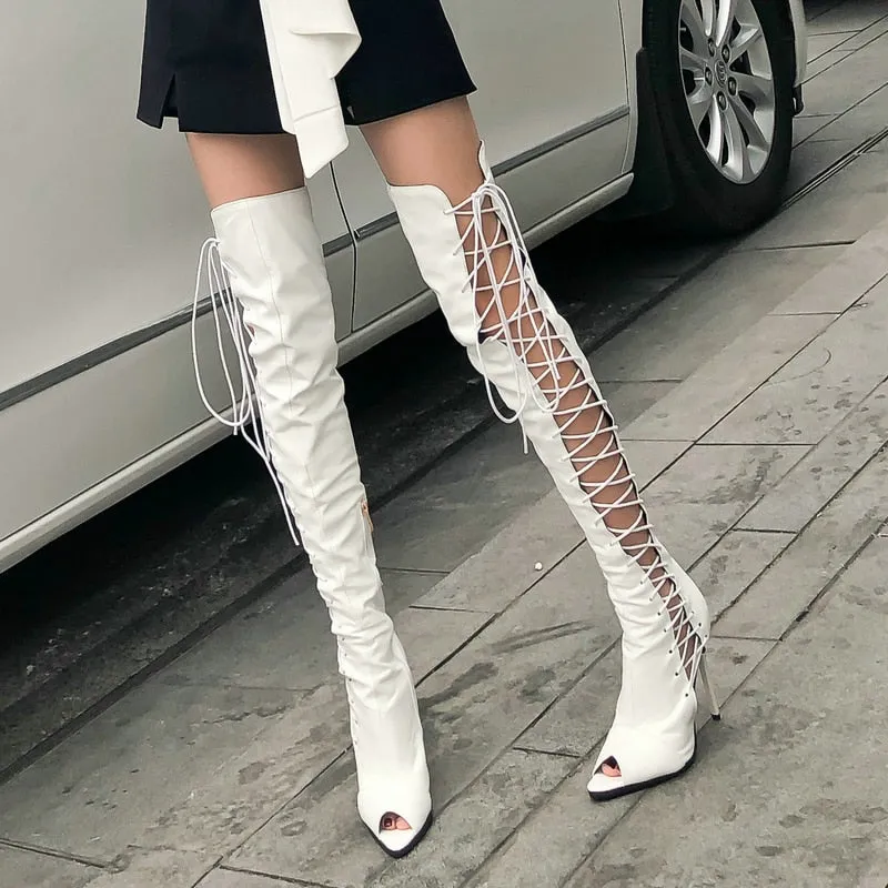 Women's Sexy Black Over-The-Knee Open Toe Thin High Heel Long Boots