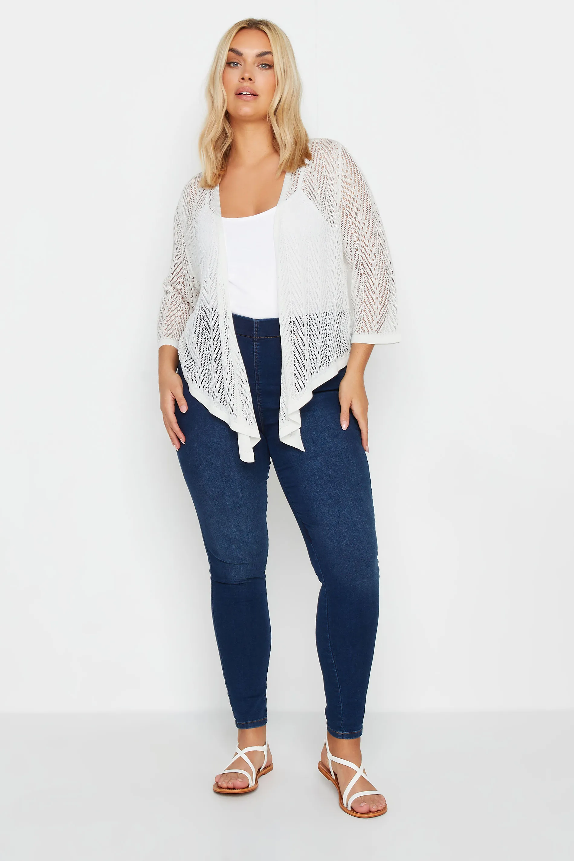 YOURS Curve White Pointelle Waterfall Cardigan